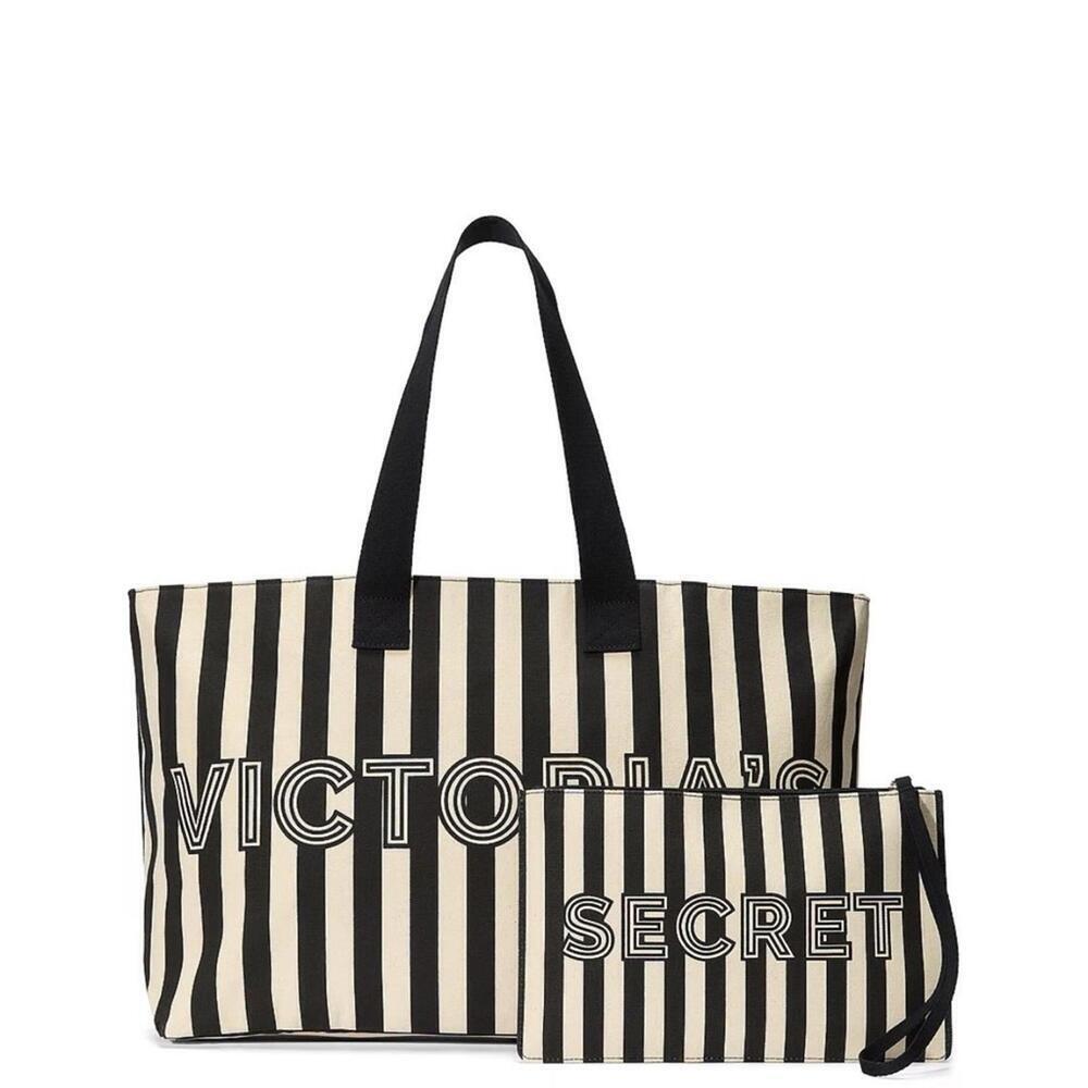 Victoria's Secret Stripe Tote Bag & Matching Wristlet Pouch Set